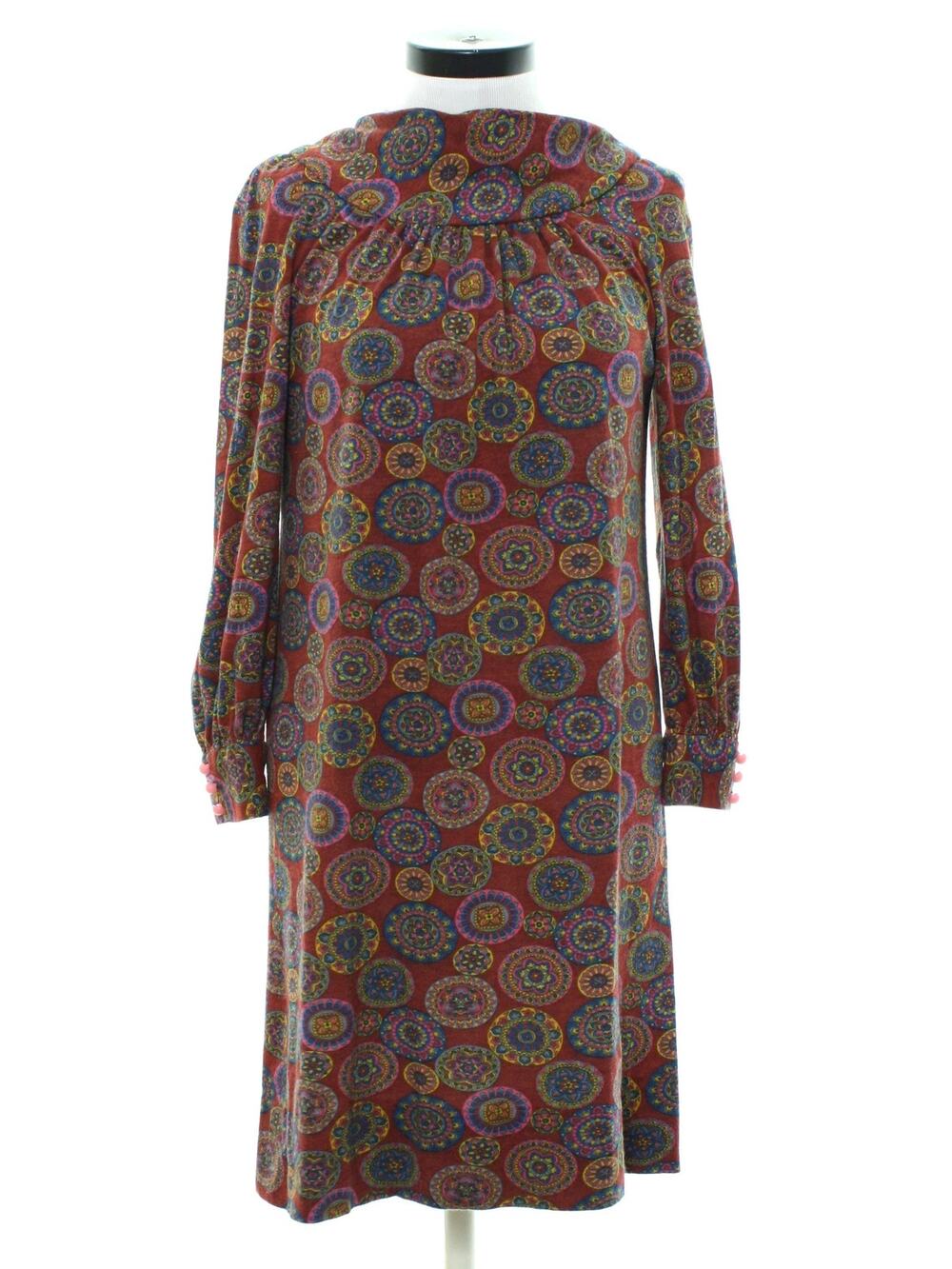 Vintage 1970s Psychedelic Circle Print Long Sleeve Dress Women's Small